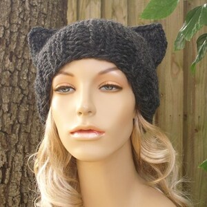 Chunky Knit Hat, Womens Hat, Mens Hat, Winter Hat, Knit Cat Hat, Knit Beanie, Knit Cap, Cat Beanie, Charcoal Grey image 2