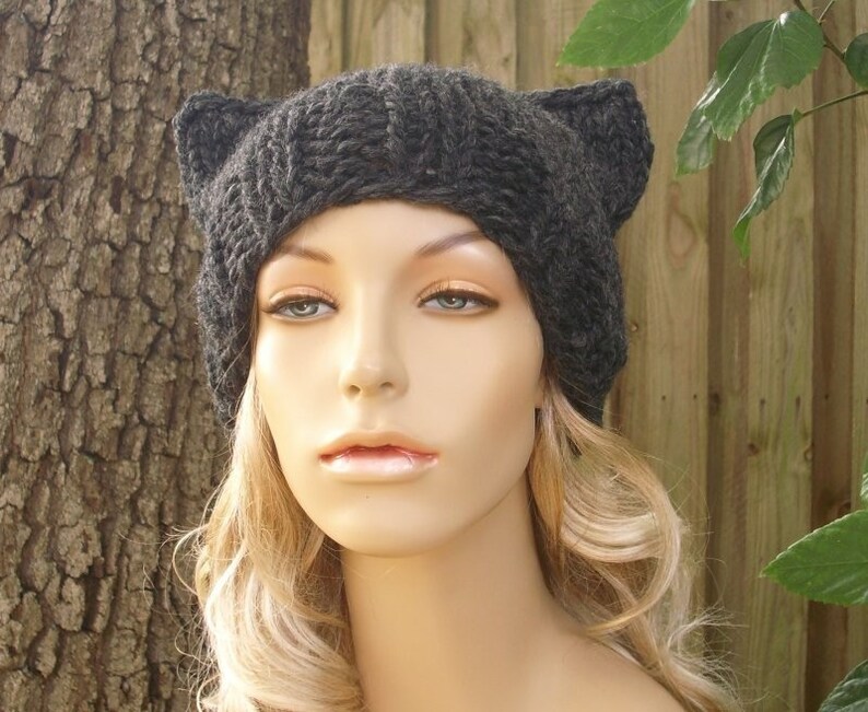 Chunky Knit Hat, Womens Hat, Mens Hat, Winter Hat, Knit Cat Hat, Knit Beanie, Knit Cap, Cat Beanie, Charcoal Grey image 2