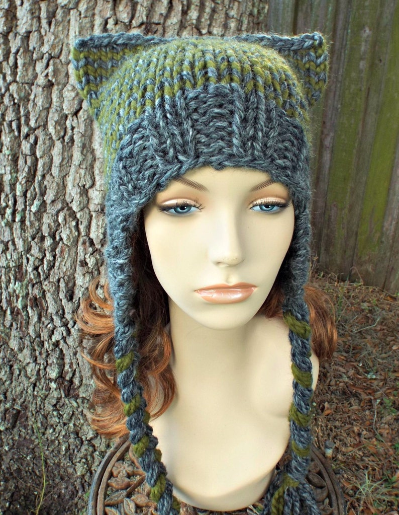 Knit Hat Womens Hat Braided Ties Ear Flap Cat Hat in Granite Etsy
