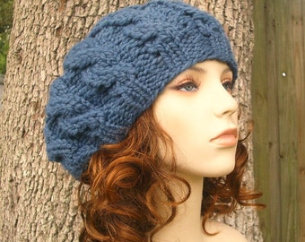 Chunky Knit Hat, Womens Hat, Mens Hat, Winter Hat, Knit Beret, Knit Beanie, Knit Cap, Cable Beret, Denim Blue