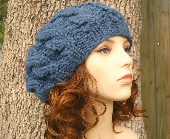 Denim Blue Cable Beret Chunky Knit Hat Blue Knit Hat Blue | Etsy