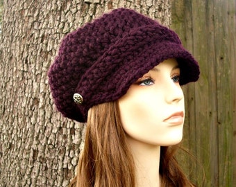 Crochet Newsboy Hat, Chunky Crochet Hat, Womens Hat, Mens Hat, Winter Hat, Crochet Beanie, Crochet Cap, Newsboy Cap, Purple Eggplant