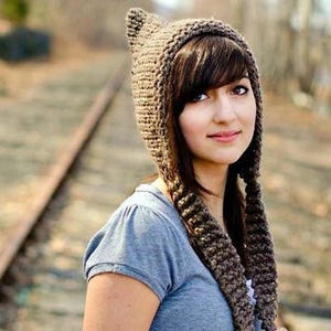 Elf Hood, Hand Knit Pixie Hat, Chunky Knit Hat, Womens Hat, Mens Hat, Winter Hat, Adult Pixie Hat, Knit Hood, Pixie Hood, Barley Brown