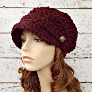 Newsboy Hat, Chunky Crochet Hat, Womens Hat, Mens Hat, Winter Hat, Newsboy Cap, Claret