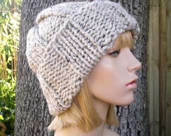 Chunky Knit Hat with a Folded Brim, Womens Hat, Mens Hat, Winter Hat, Knit Beanie, Knit Cap, Watchman Cap, Oatmeal