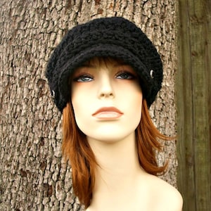 Chunky Crochet Hat, Womens Hat, Mens Hat, Winter Hat, Crochet Beanie, Crochet Cap, Slouchy Beanie, Newsboy Hat, Newsboy Cap, Black image 3