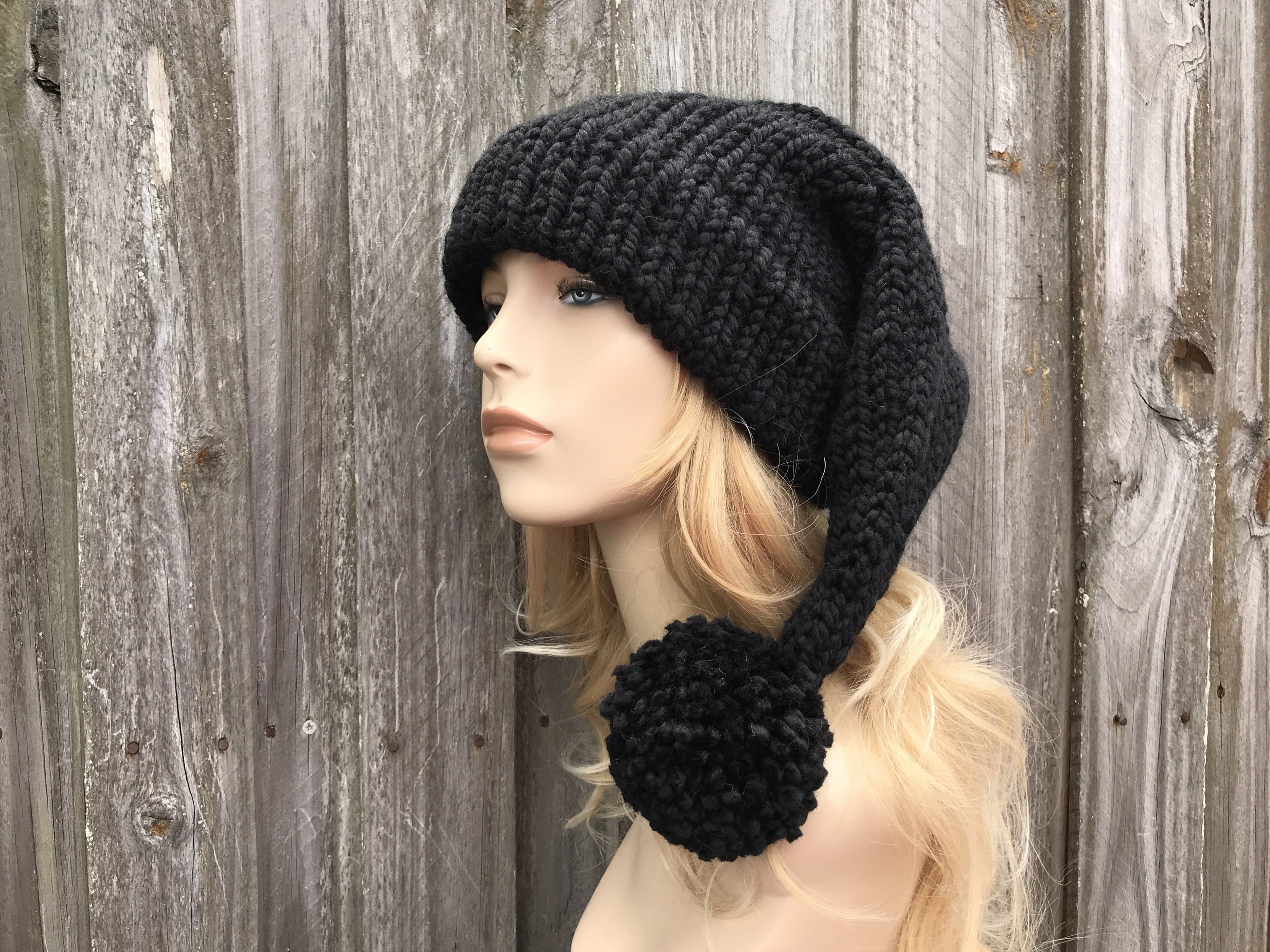 Black Santa Hat, Stocking Cap, Stocking Hat, Christmas Hat, Chunky