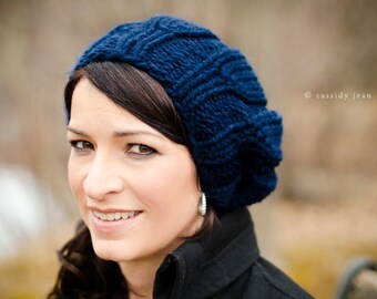 Chunky Knit Hat, Womens Hat, Mens Hat, Winter Hat, Knit Beret, Knit Beanie, Knit Cap, Urchin Beret, Navy Blue