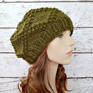 Chunky Knit Hat, Womens Hat, Mens Hat, Winter Hat, Knit Beret, Knit Beanie, Knit Cap, Diamond Brocade Beret, Cilantro Green