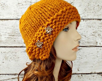 Chunky Knit Hat, Womens Hat, Mens Hat, Winter Hat, Cloche Hat, Knit Cloche, Knit Beanie, Knit Cap, Butterscotch