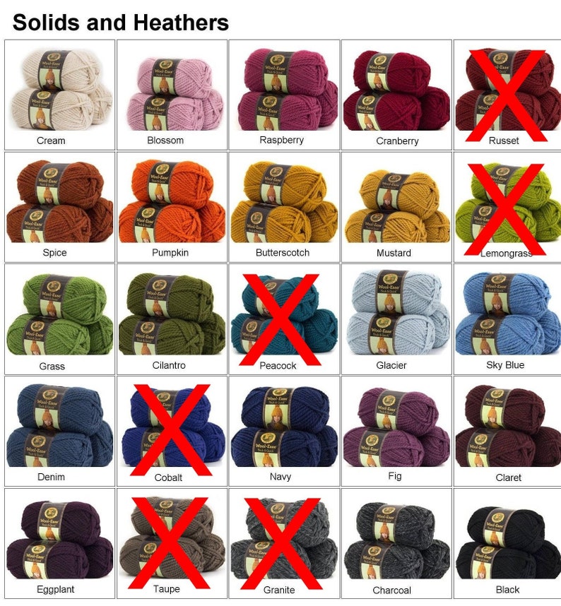 Puede incluir: Una tabla de colores de hilo, con los nombres de cada color enumerados debajo de los ovillos de hilo. Los colores incluyen crema, flor, frambuesa, ar&aacute;ndano, rojizo, especias, calabaza, caramelo, mostaza, hierba lim&oacute;n, hierba, cilantro, pavo real, glaciar, azul cielo, mezclilla, cobalto, azul marino, higo, vino tinto, berenjena, topo, granito, carb&oacute;n y negro.