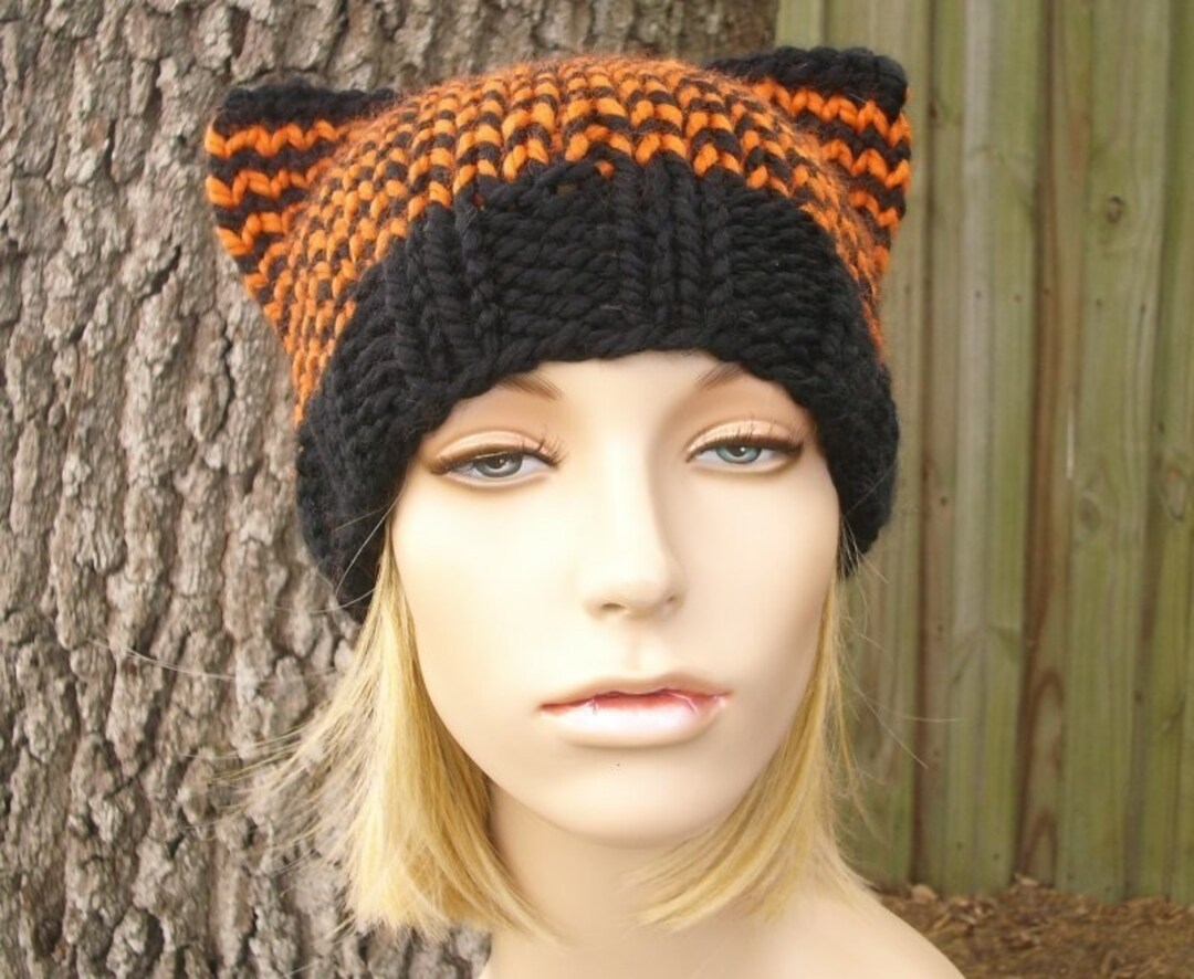 Adult Brown Chunky Knit Cat Ear Beanie Women Striped Beanie Hat with Little Devil Horn Winter Warm  main image 3