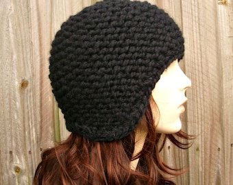 Chunky Knit Hat, Womens Hat, Mens Hat, Winter Hat, Knit Cap, Knit Beanie with Ear Flaps, Earflap Hat, Garter Knit Helmet, Black