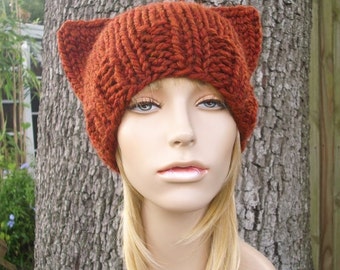 Hand Knit Beanie, Cat Hat, Chunky Knit Hat, Womens Hat, Mens Hat, Winter Hat, Cat Beanie, Hat with Ears, Knit Cap, Spice Burnt Orange