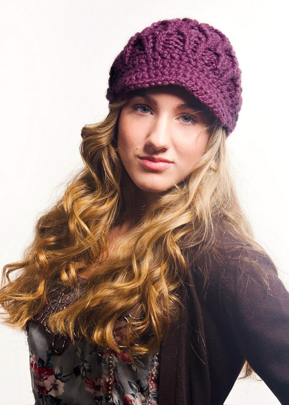 Womens Purple Newsboy Hat - Amsterdam Cable Beanie Visor in Fig Purple - Purple Hat Fall Fashion Winter Hat Knit Accessories