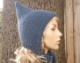 Knit Bonnet Adult, Pixie Hat, Womens Hat, Chunky Knit Hat, Pixie hood, Elf Hat, Hand Knit Hood, Adult Bonnet, Winter Accessories