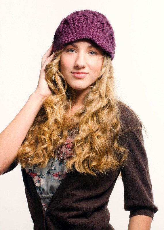 Womens Purple Newsboy Hat - Amsterdam Cable Beanie Visor in Fig Purple - Purple Hat Fall Fashion Winter Hat Knit Accessories