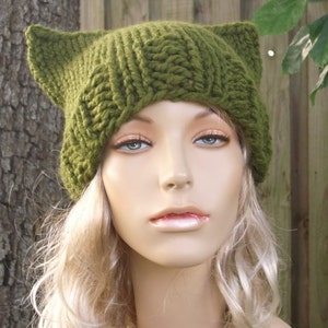 Cat Ear Beanie, Knit Cat Hat, Chunky Knit Hat, Womens Hat, Mens Hat, Cat Beanie, Knit Beanie, Knit Cap, Winter Hat, Cilantro Green