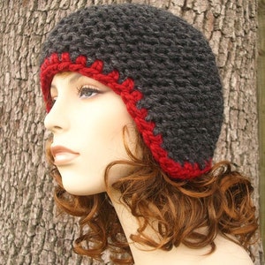Ear Flap Hat, Hand Knit Earflap Hat, Chunky Knit Hat, Womens Hat, Mens Hat, Winter Hat, Knit Beanie, Knit Cap, Garter Helmet, Charcoal Grey
