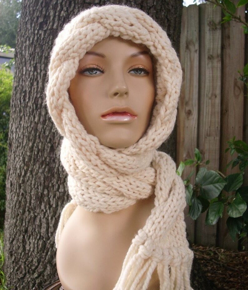 Hooded Scarf Knit Accessories Womens Ear Flap Hat Cream Etsy