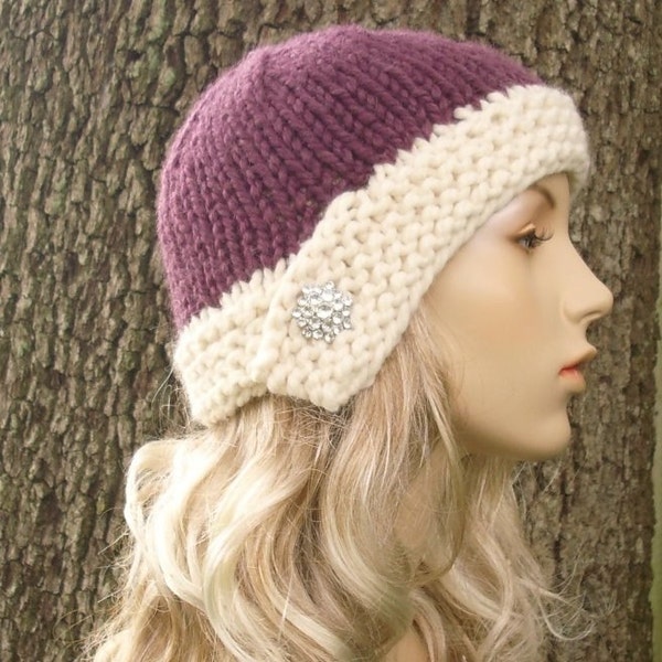 Hand Knit Hat - Chunky Cloche Hat in Purple Fig and Cream with Rhinestone Button