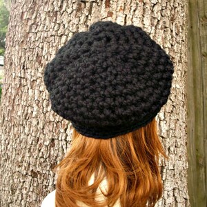 Chunky Crochet Hat, Womens Hat, Mens Hat, Winter Hat, Crochet Beanie, Crochet Cap, Slouchy Beanie, Newsboy Hat, Newsboy Cap, Black image 5