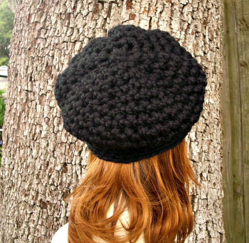 Chunky Crochet Hat, Womens Hat, Mens Hat, Winter Hat, Crochet Beanie, Crochet Cap, Slouchy Beanie, Newsboy Hat, Newsboy Cap, Black image 5