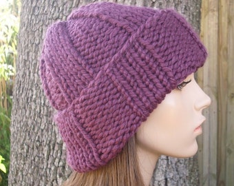 Hand Knit Beanie, Chunky Knit Hat, Womens Hat, Mens Hat, Winter Hat, Knit Cap, Watchman Cap, Cuffed Beanie, Fig Purple