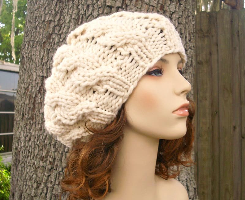 Cream Cable Beret Chunky Knit Hat Cream Womens Hat Cream Hat Etsy