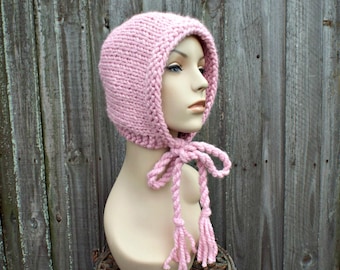 Knit Bonnet Adult Womens, Chunky Knit Hat, Womens Hat, Winter Hat, Knit Hood, Aviator Hat, Blossom Pink