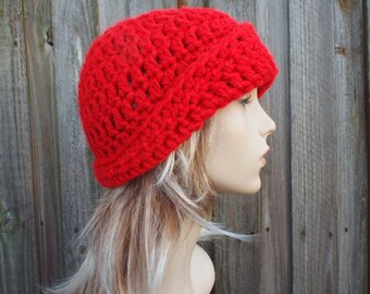 Chunky Crochet Hat, Cloche Hat, Womens Hat, 1920s Flapper Hat, Winter Hat, Crochet Beanie, Crochet Cap, Garbo Cloche Beanie, Red