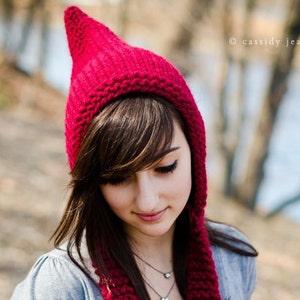 Red Pixie Hat, Chunky Knit Hat, Womens Hat, Mens Hat, Winter Hat, Ear Flap Hat, Adult Pixie Hat, Pixie Hood, Knit Hood, Cranberry image 1