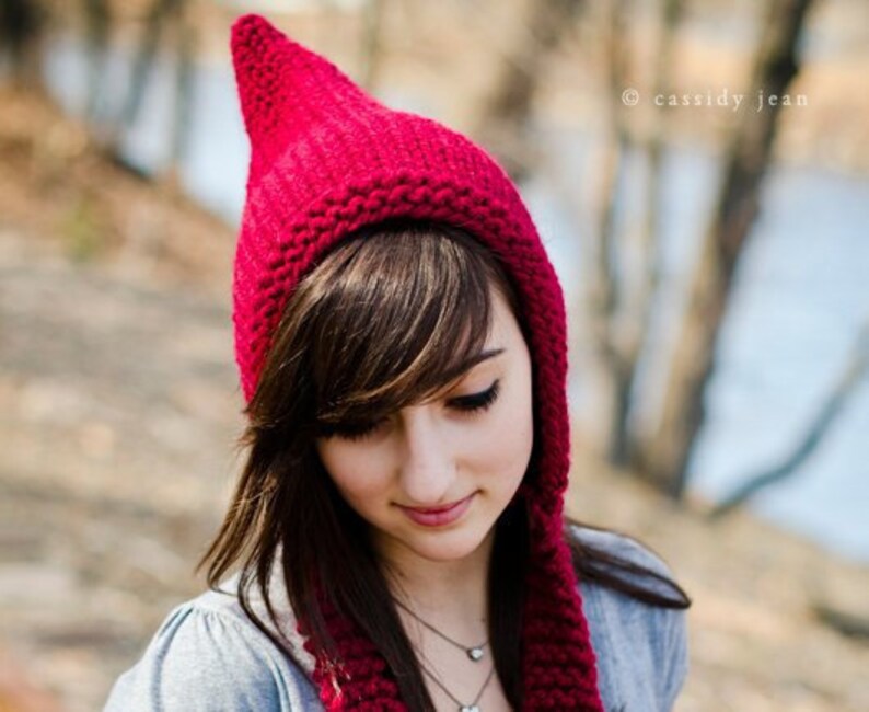 Red Pixie Hat, Chunky Knit Hat, Womens Hat, Mens Hat, Winter Hat, Ear Flap Hat, Adult Pixie Hat, Pixie Hood, Knit Hood, Cranberry image 1