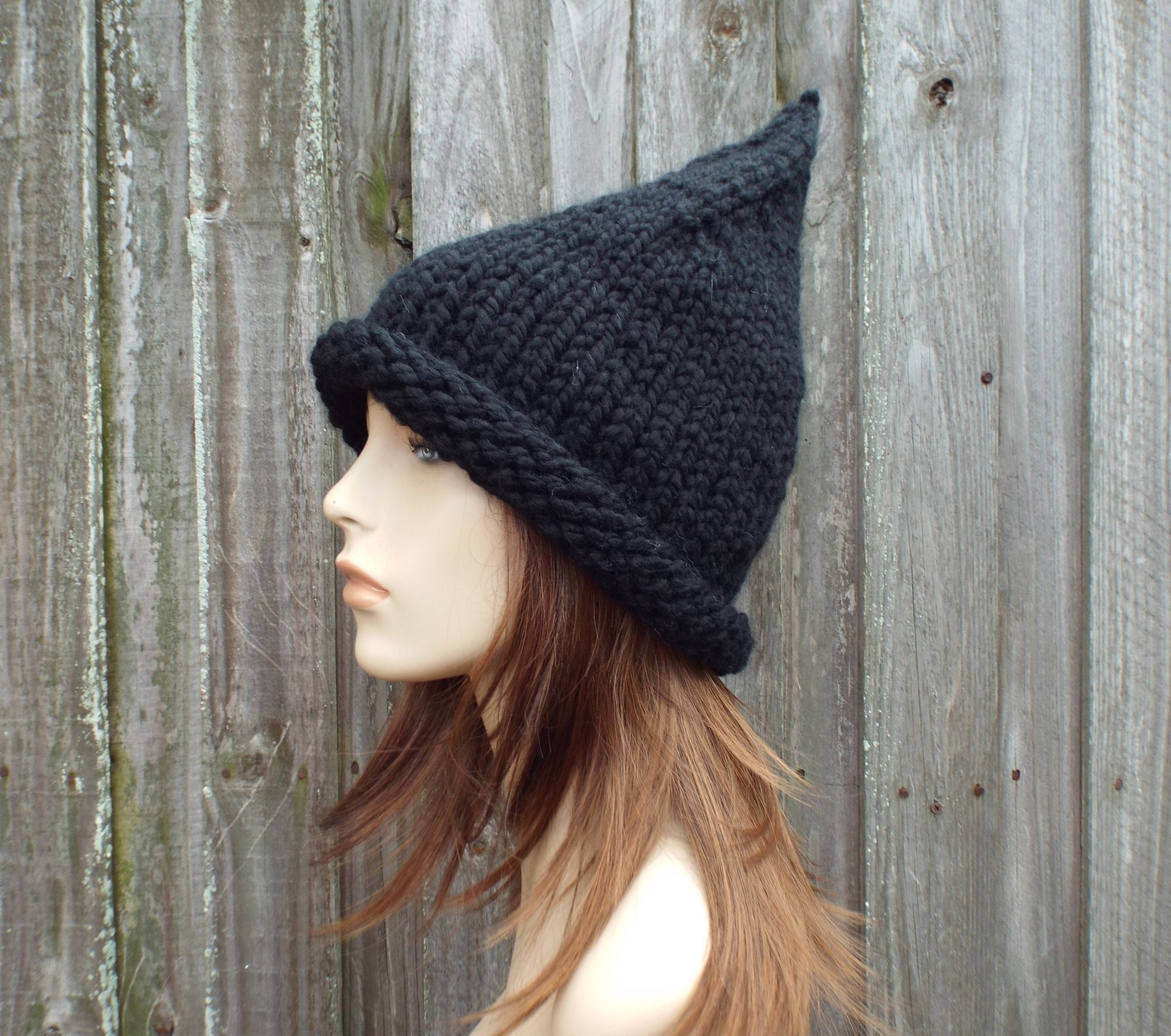Black Witch Hat, Hand Knit Witch Hat, Wizard Hat, Halloween