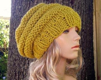 Chunky Knit Hat, Womens Hat, Mens Hat, Winter Hat, Slouchy Beanie, Slouchy Hat, Oversized Beret, Knit Beret, Citron Yellow