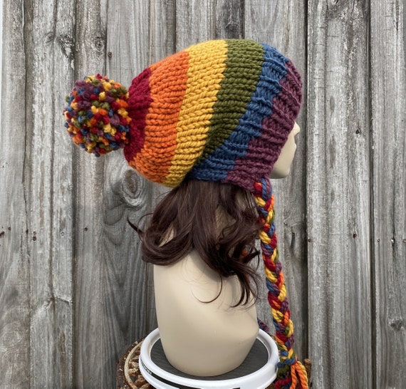Gay Pride Hat with Pom Pom, Rainbow Hat, Chunky Knit Hat, Womens Hat, Mens Hat, Winter Hat, Knit Cap, Knit Beanie, Slouchy Beanie