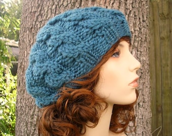 Hand Knit Cable Beret, Chunky Knit Hat, Womens Hat, Mens Hat, Cable Knit Hat, Winter Hat, Cable Hat, Knit Beret, Knit Beanie, Teal Blue