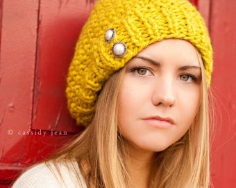 Chunky Knit Hat, Womens Hat, Mens Hat, Winter Hat, Knit Beanie, Knit Cap, Slouchy Beanie, Knit Beret, Seed Beret, Turmeric Yellow