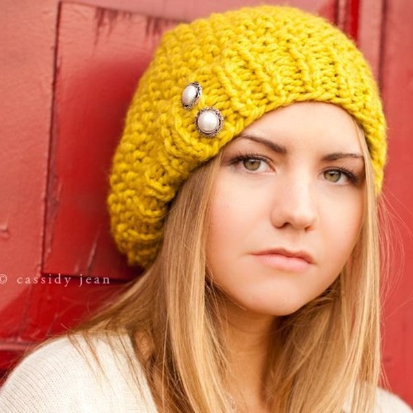 Chunky Knit Hat, Womens Hat, Mens Hat, Winter Hat, Knit Beret, Slouchy Beanie, Boho Hat, Knit Beanie, Knit Cap, Citron Yellow