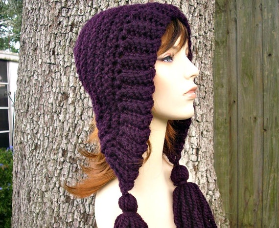 Womens Crochet Hat Womens Hat Crochet Hood Tassel Hat in Eggplant Purple Crochet Hat - Purple Hat Purple Hood Womens
