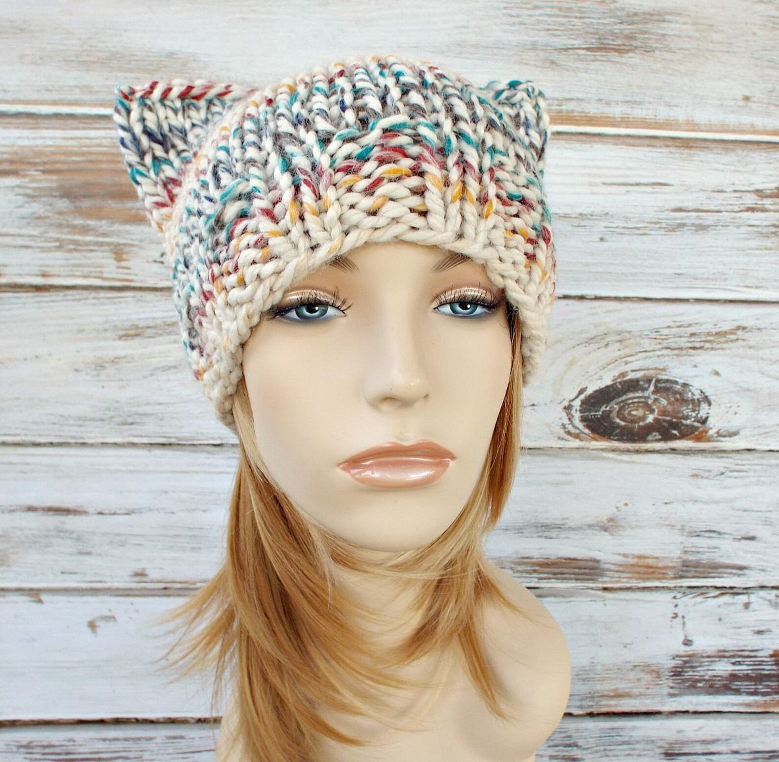 Cream Knit Hat Cream Womens Hat Multicolor Cat Beanie Hat Etsy