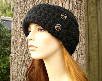 Chunky Crochet Hat, Womens Hat, Winter Hat, Womens Cloche Hat, 1920s Flapper Hat, Garbo Cloche Beanie, Crochet Beanie, Crochet Cap, Black
