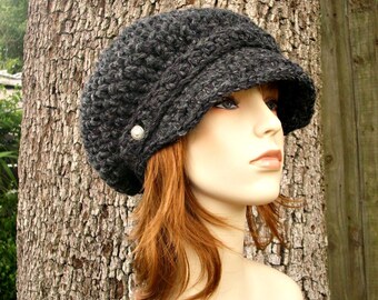 Chunky gehaakte muts, dameshoed, herenmuts, wintermuts, krantenverkopermuts, krantenverkoperspet, gehaakte pet, houtskool