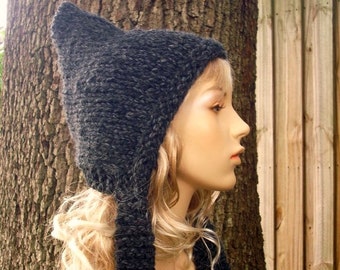 Hand Knit Pixie Hat, Chunky Knit Hat, Womens Hat, Mens Hat, Winter Hat, Knit Hood, Pixie Hood, Charcoal Grey