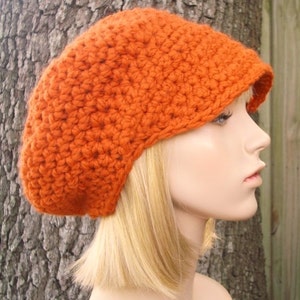 Chunky Crochet Hat with Brim, Womens Hat, Mens Hat, Winter Hat, Slouchy Beanie, Crochet Cap, Newsboy Hat, Newsboy Cap, Pumpkin Orange image 1