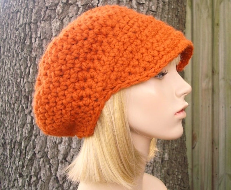 Chunky Crochet Hat with Brim, Womens Hat, Mens Hat, Winter Hat, Slouchy Beanie, Crochet Cap, Newsboy Hat, Newsboy Cap, Pumpkin Orange image 1