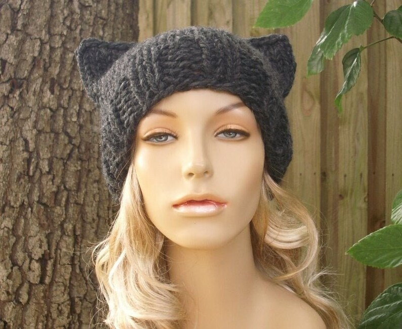 Chunky Knit Hat, Womens Hat, Mens Hat, Winter Hat, Knit Cat Hat, Knit Beanie, Knit Cap, Cat Beanie, Charcoal Grey image 1