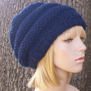 Chunky Knit Hat, Womens Hat, Mens Hat, Winter Hat, Knit Beret, Knit Beanie, Knit Cap, Slouchy Beanie, Oversized Beehive Beret, Navy Blue image 2