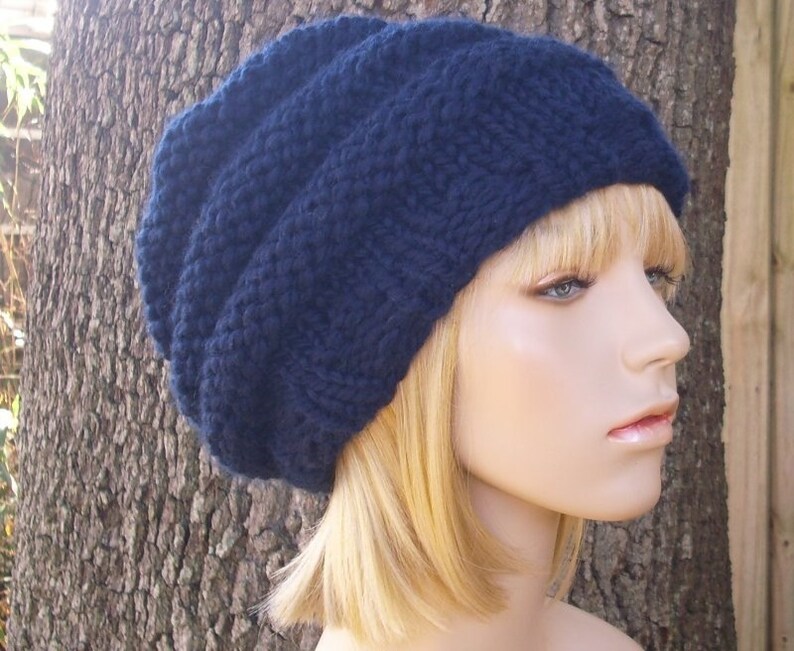 Chunky Knit Hat, Womens Hat, Mens Hat, Winter Hat, Knit Beret, Knit Beanie, Knit Cap, Slouchy Beanie, Oversized Beehive Beret, Navy Blue image 2