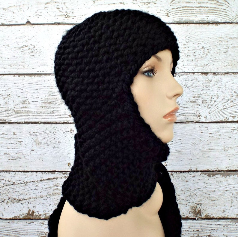 Black Knit Hat Black Womens Hat Black Ear Flap Hat Garter Etsy